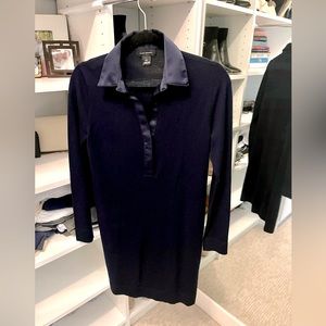 Club Monaco, size Small navy sweater shirt dress with satin style collar.